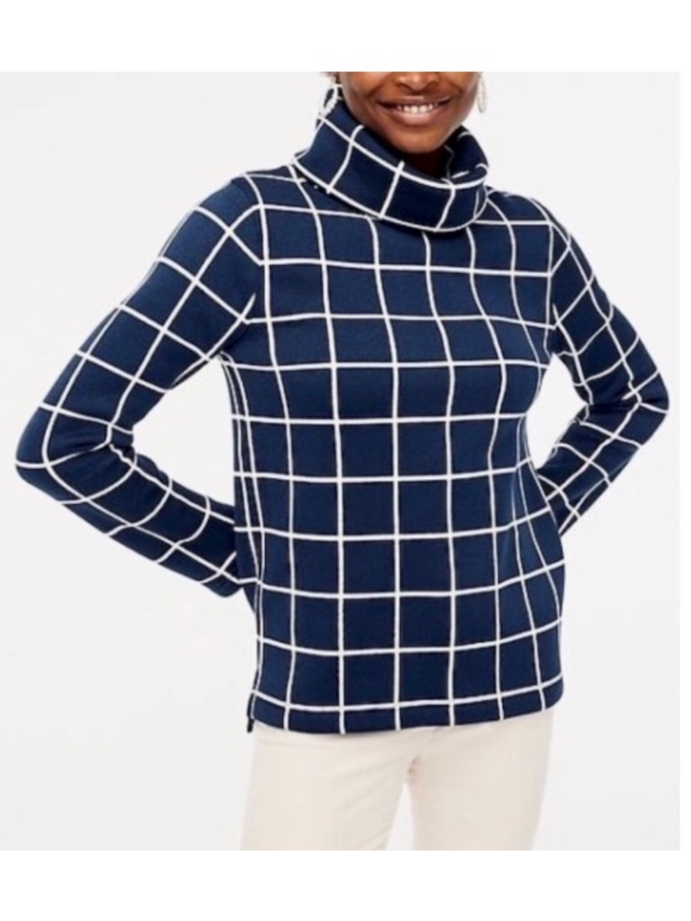 J. Crew Windowpane Plaid Fleece Funnel Neck Pullover Sweater Navy Medium